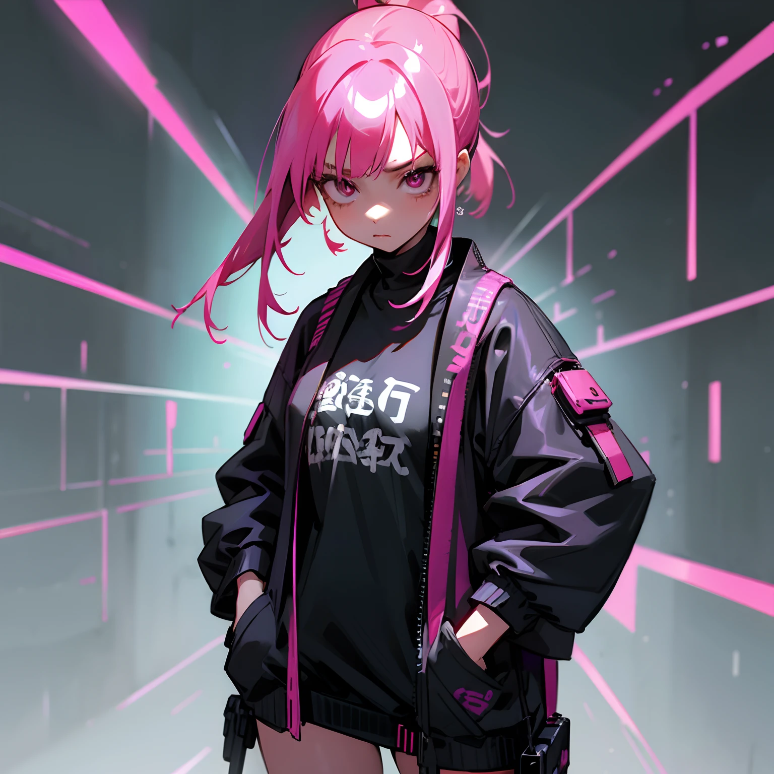 cyberpunk, neon lights,pink  hair,cyberpunk clothing,fully body, Japanese Hair Mask,1 girl, street alley, cyberpunk clothes, hands in a pocket, looking at the viewer, passionate expression, grown-up,30years