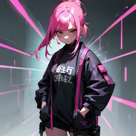 Cyberpunk, luzes neon,cabelo rosa,roupa ciberpunk,corpo inteiro, Japanese Hair Mask,1 girl, beco de rua, roupas ciberpunk, hands...
