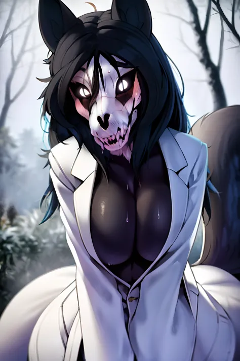 (no pupils, white eyes, black sclera), digitigrade, [collar], masterpiece, best quality, detailed realistic fur, (white lab coat:1.3), sweat pants, (background is a snowy forest), detailed background,  blushing, smiling, detailed face, detailed eyes, detai...