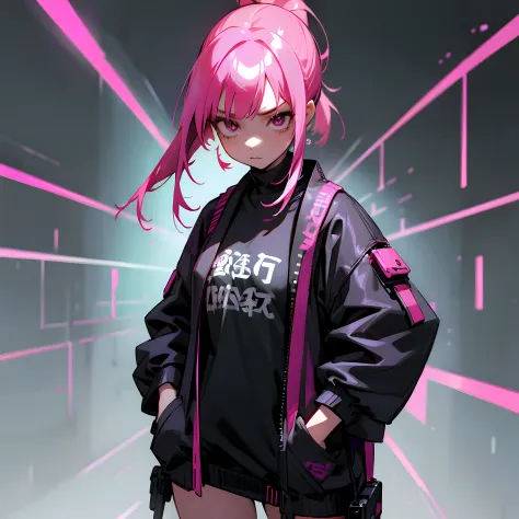 Cyberpunk, luzes neon,cabelo rosa,roupa ciberpunk,corpo inteiro, Japanese Hair Mask,1 girl, beco de rua, roupas ciberpunk, hands...
