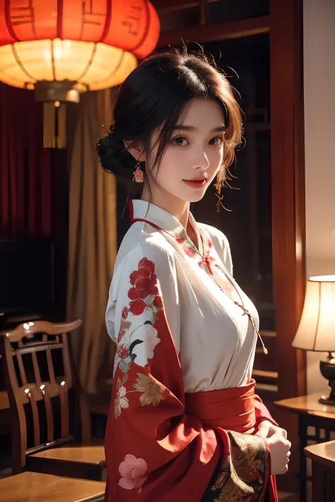butterflys, 1 adult female，Solo,Chinese antique lanterns，Peony flower ，Flowing sleeves,Antique clothes in red and black , Inside the inn, Quaint hostel,Chinese ancient style，tables and chairs, Big stage, sitted, full bodyesbian,Antique satin，softlighting，（...