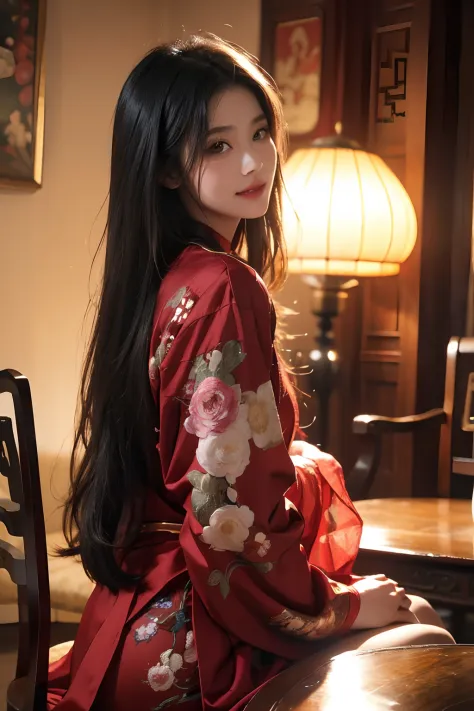 butterflys, 1 adult female，Solo,Chinese antique lanterns，Peony flower ，Flowing sleeves,Antique clothes in red and black , Inside the inn, Quaint hostel,Chinese ancient style，tables and chairs, Big stage, sitted, full bodyesbian,Antique satin，softlighting，（...