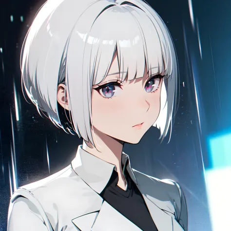 close upcharacter portait, A woman stands in the rain in downtown Tokyo, white bob hair cut, multicolored eyes, pose,