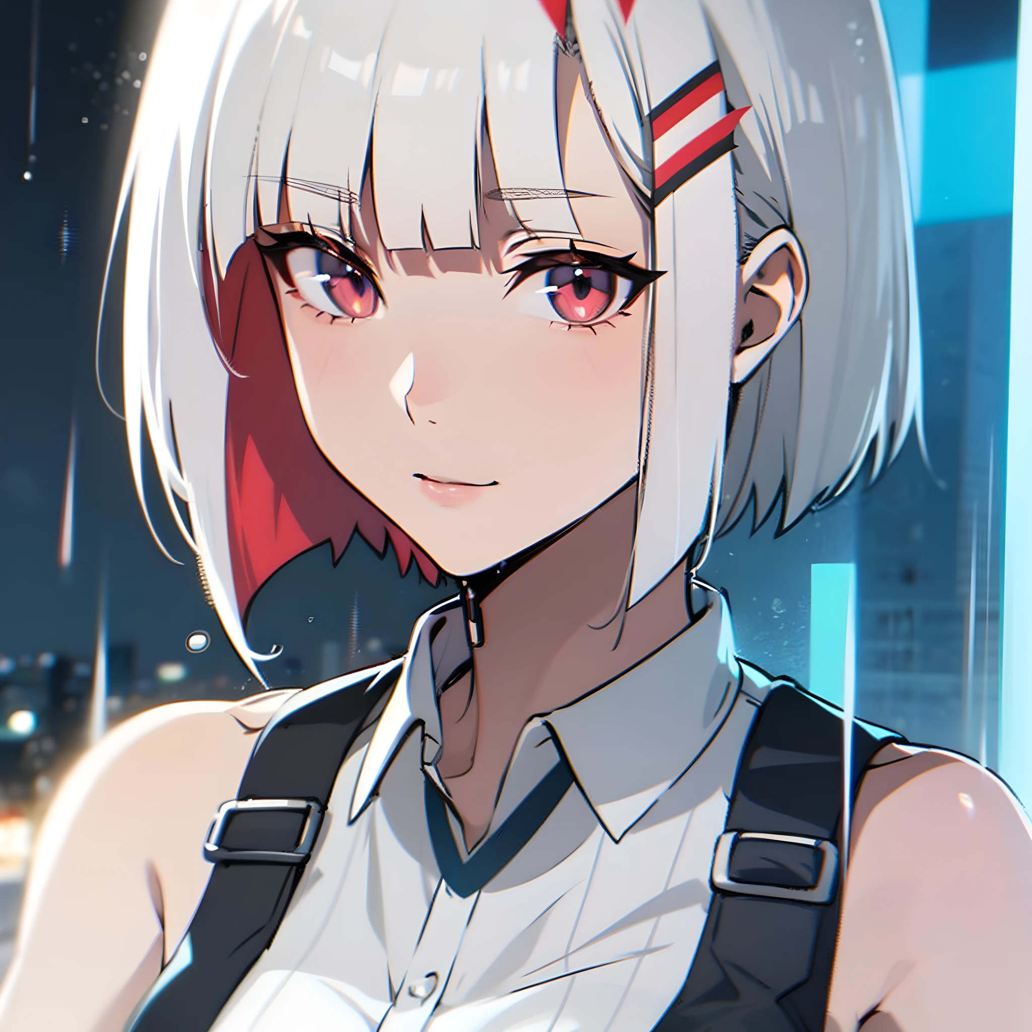 特写角色穿着, 一名女子站在东京市中心的雨中, 白色鲍勃发型, 多彩的眼睛, 姿势,