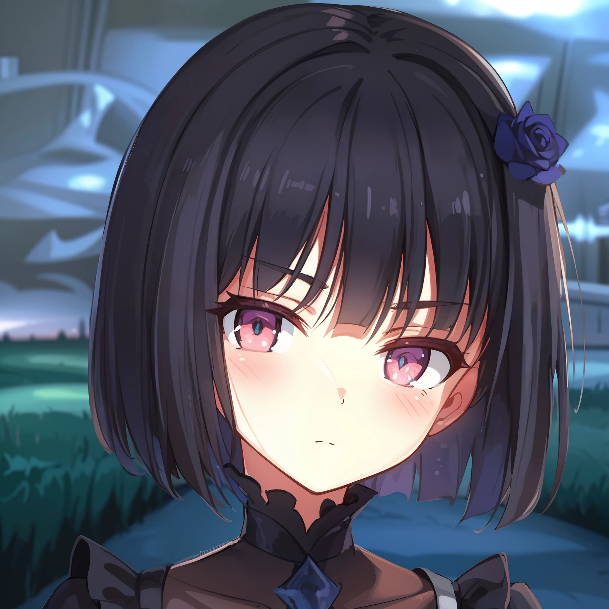 Anime girl with black hair and blue eyes in a field - SeaArt AI