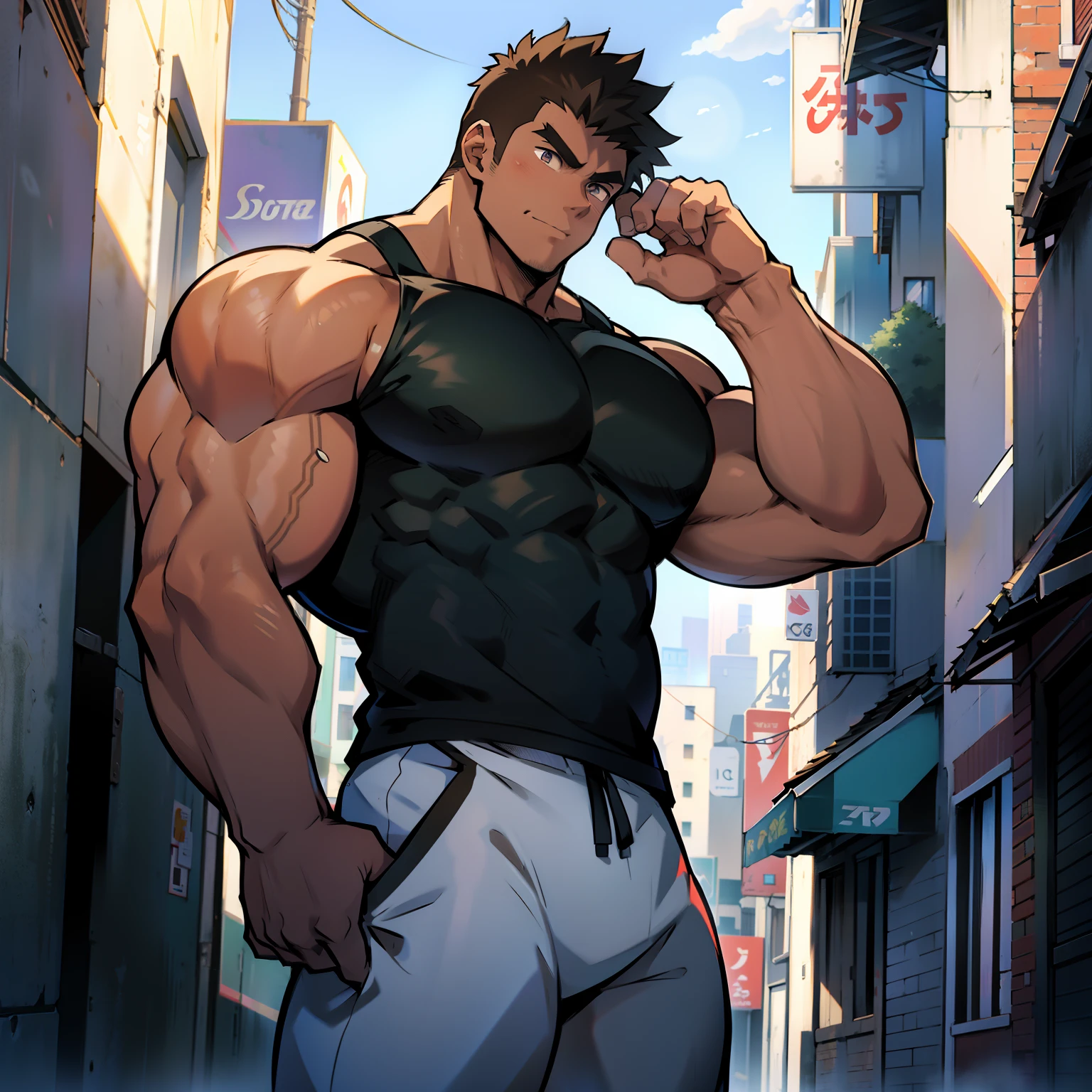 ((Anime style art)), Extremely muscular masculine character, bodybuilder body, wearing a sleeveless V-neck shirt, hands raised at neck level, The character is leaning against a wall. Pockets, Futuristic cityscape, Busy route, Buildings, person
AS & Vehicles. Main character from the anime, Nice image, Hard drive, 4k, Main character leaning against a wall with his hands at face level.