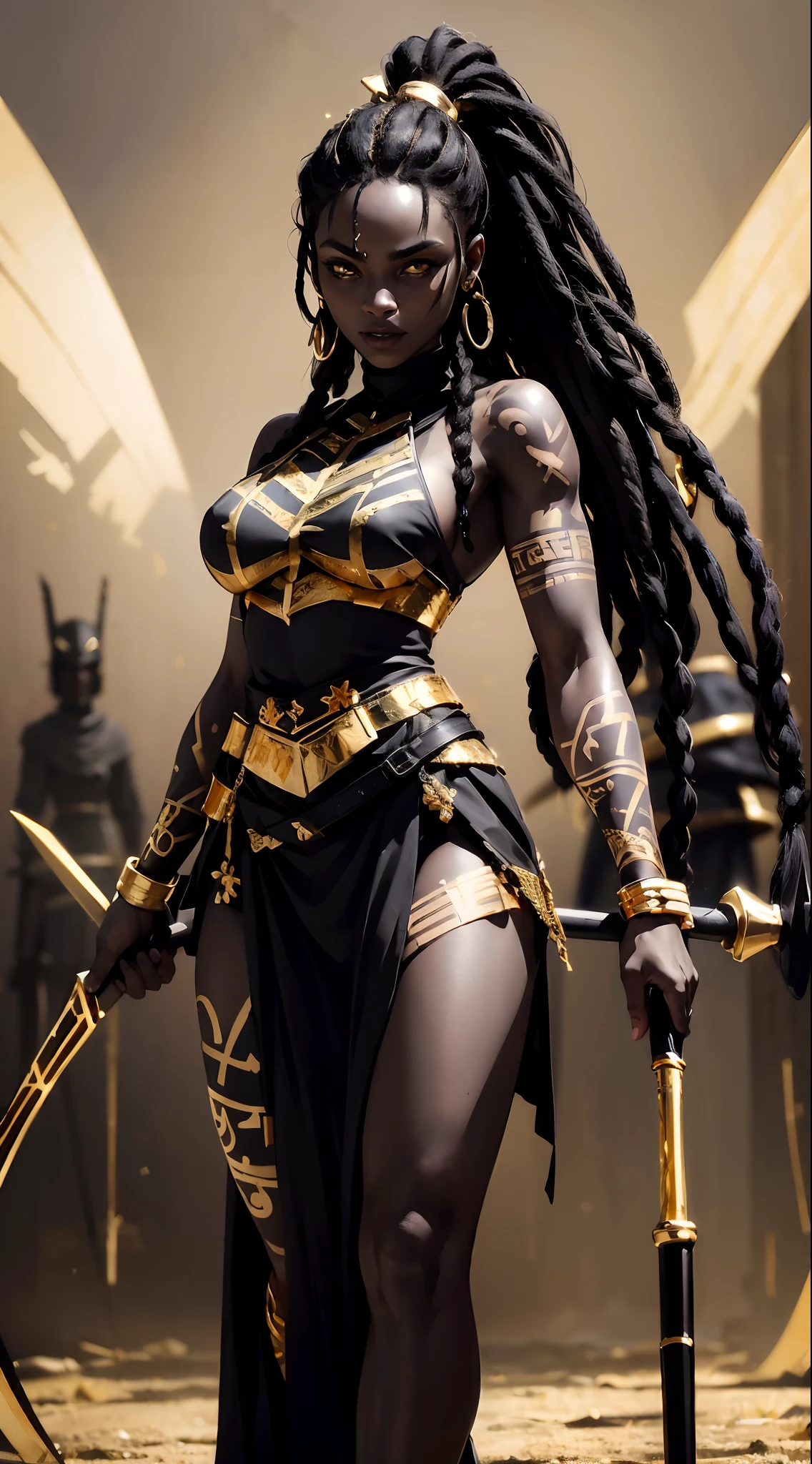 A full body ebony woman standing, ((holding a spear resting on the ground)), (happyness look:1.4), (wearing black and golden battle outfit:1.8), (long dreadlock hairstyle:1.3), (reflective eyes:1.2), (tribal tattoo:1.5), (imposing pose:1.1), sunrise backgroud, sunray, hyper detailed, hyper realistic, look at the the viewer, 4k, wide depth of field, radiant mapping, high dynamic range, masterpiece,