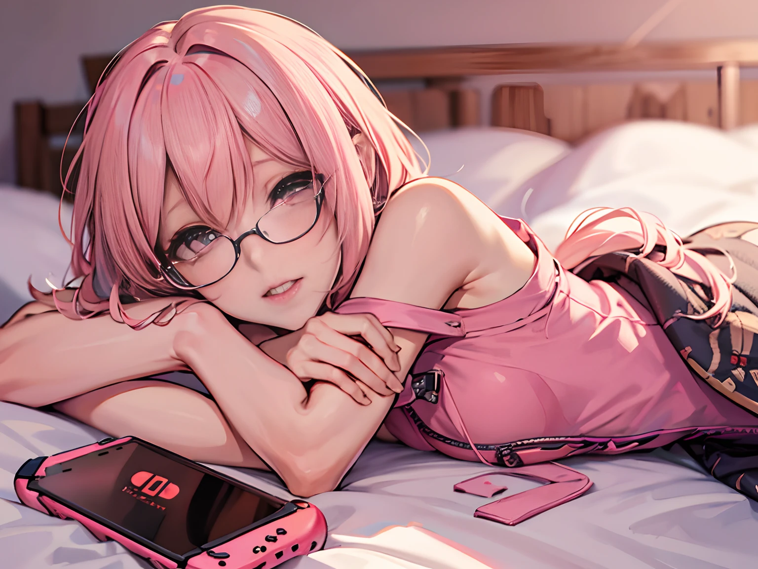 pink hair, less blurry eyes, more detailed face, nintendo switch on bed, wearing glasses