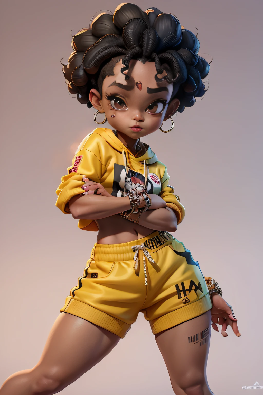 Super estilo hip hop menina graffiteira  Negra, super bonita, 30 anos, ((super feliz)), pele marrom, Impeccable curly hair, Empathetic face, Beautiful red lips, Nice Chibi, super estiloso, dedos perfeitos, roupa minimalista estilo Bruce Lee, "Hip Hop", ("Olhe por cima do ombro" poser), pose mais ousada, Tente colocar uma perna para frente e inclinar-se para um lado, conveying an air of confidence and attitude, usando uma toca estilosa gangstar, fundo minimalista, Camera vista de frente, Segurando Lata de Spray