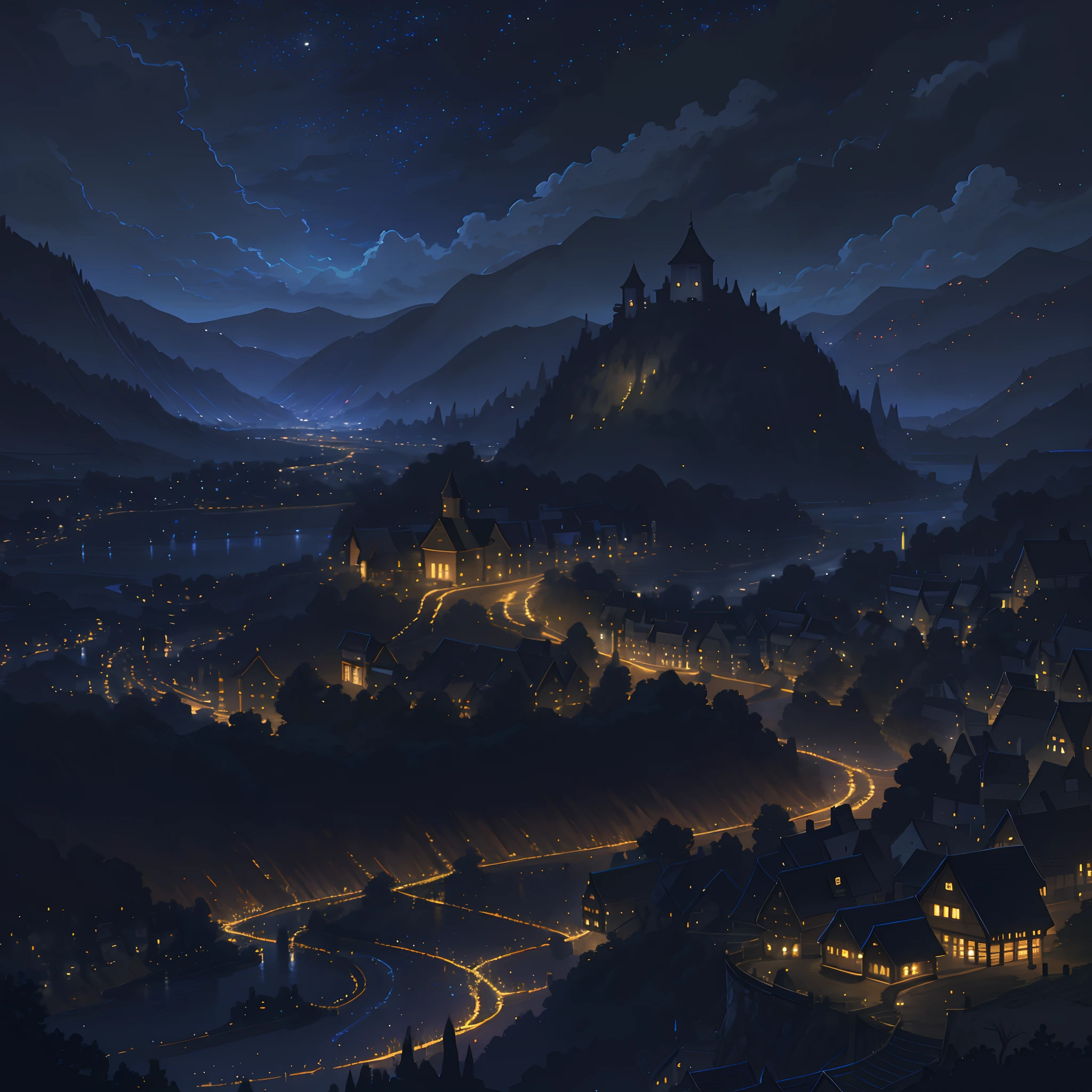 night scene with a village and a river in the foreground, calm night. digital illustration, 4k highly detailed digital art, night scenery, anime art wallpaper 4k, anime art wallpaper 4 k, 4k detailed digital art, nighttime nature landscape, anime art wallpaper 8 k, background artwork, beautiful art uhd 4 k, 4 k hd illustrative wallpaper