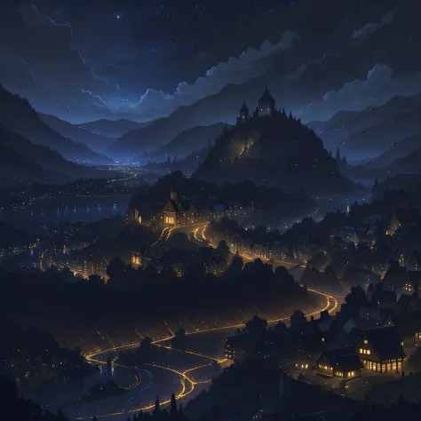night scene with a village and a river in the foreground, calm night. digital illustration, 4k highly detailed digital art, nigh...