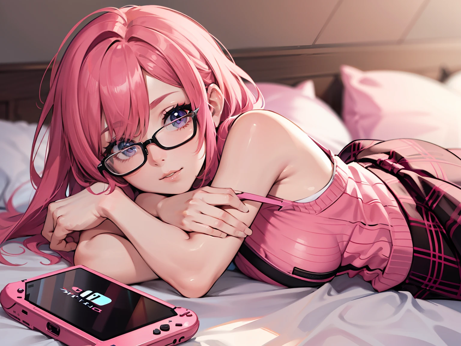 pink hair, less blurry eyes, more detailed face, nintendo switch on bed, wearing glasses, full lips, glossy lips, 8K, HD,