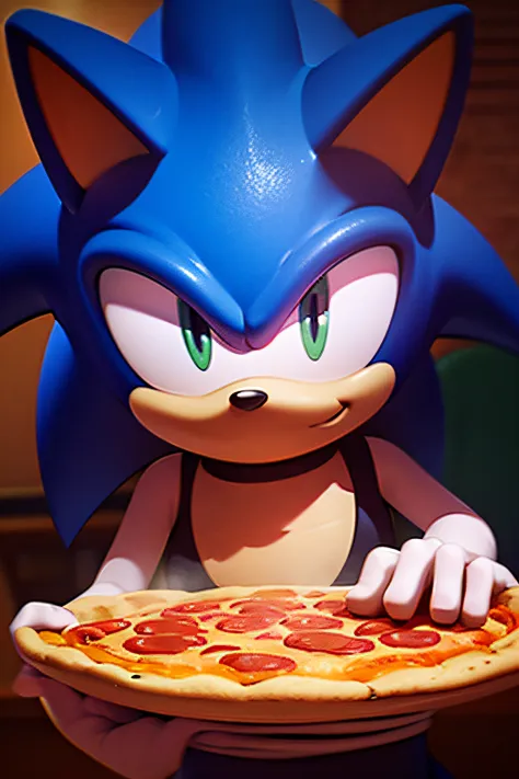 SONIC, happy, in a beautiful, well-lit pizzeria, ready to eat a PORTUGUESE pizza looking straight ahead with the viewer with the (ENTIRE HEAD)