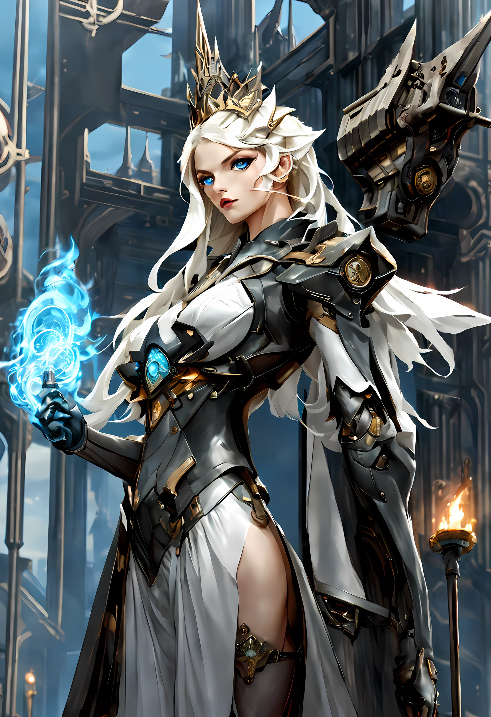 ffantasy art, steampunk art, RPG art, photograph, RAW,  Best Detailed, picture of a mecha woman wizard, standing proudly, manipulating magical blue fire, extremely beautiful woman (best Detailed, Masterpiece, Hyperrealistic: 1.5) blond hair, rich hair, wavy hair, dynamic eyes color, wearing black and white dress, wearing (white cloak: 1.2), wearing (pantyhose: 1.2), wearing high heeled boots, laces boots, make up, steampunk laboratory background, ultra best realistic, best details, best quality, 16k, [ultra detailed], masterpiece, best quality, (extremely detailed), ultra wide shot, photorealism, depth of field, hyper realistic painting, GLOWING STYLE, blue fire, mechanical parts