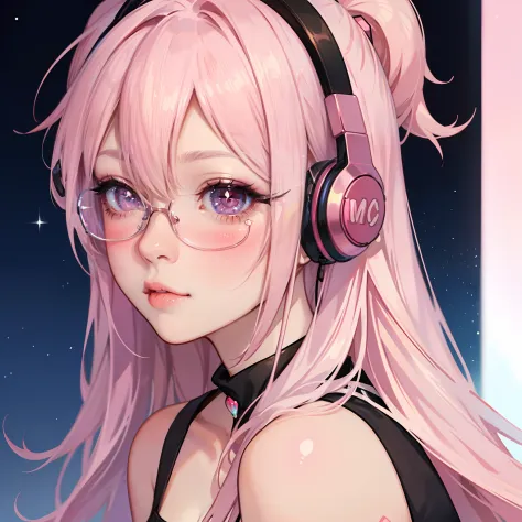 anime girl with pink hair, Aegyo-sal,  eyebags, wearing glasses, makeup, blush, blush nose, glitter makeup on eyes, perfect anime face, semi - realistic anime, detailed anime soft face, wearing gaming headphones, m