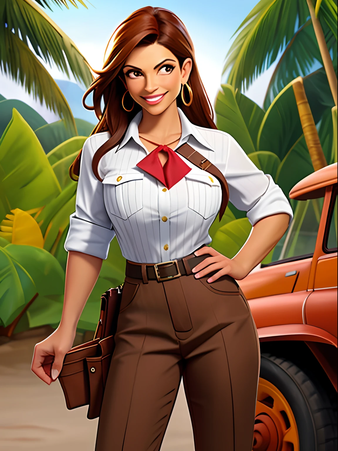Denise Milani, latina, bronze skin, Hispanic, dark skin, solo, 1girl, brown hair, long hair, red neckerchief, Denise Milani body type, beautiful, smile, Amazon River explorer from the 1920s, gun holster on hip, gun in holster, white pinstripe button up shirt, shirt unbuttoned, shirt tucked into brown pants, Brazilian market, shops, vendors, outside, chatting with viewer, holding ore