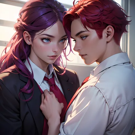 A girl with purple hair and a boy with red hair, both wearing school uniforms, in a school setting. The girl has beautiful detailed eyes and lips, while the boy has extremely detailed eyes and face, with long eyelashes. The scene is captured in a medium of...