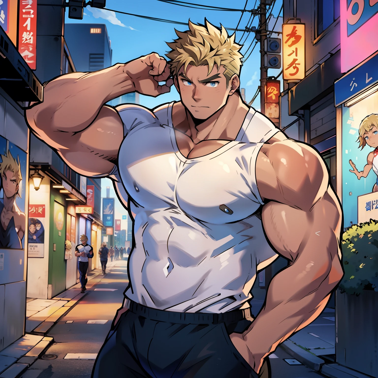 ((Anime style art)), Extremely muscular masculine character, pale skin, blonde hair, sapphire blue eyes, bodybuilder body, wearing a sleeveless V-neck shirt, hands raised at neck level, The character is leaning against a wall. Pockets, Futuristic cityscape, Busy route, Buildings, person
AS & Vehicles. Main character from the anime, Nice image, Hard drive, 4k, Main character leaning against a wall with his hands at face level.