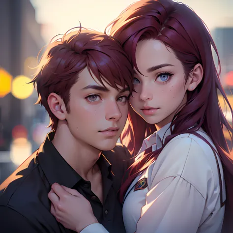 A girl and a boy are standing together, the girl is touching the boy's face. The girl has long, violet hair, and the boy has short, red hair. They are both wearing school uniforms. 

(material:illustration),(best quality,4k,8k,highres,masterpiece:1.2),ultr...
