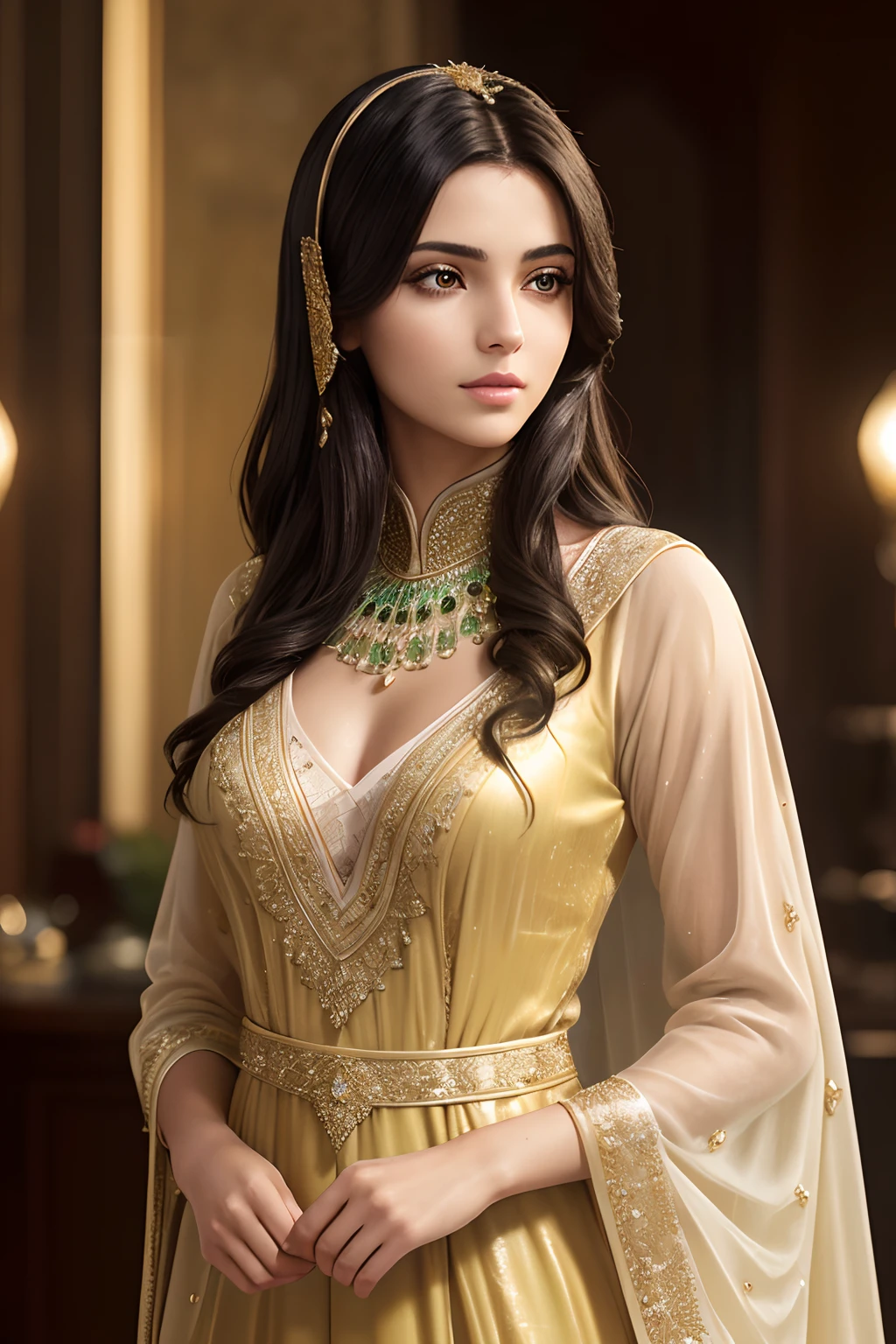 Photo oж 25 year old Arabian woman, ((в скромном арабском платье, закрывающем все тело )). Одевайтесь скромно, СЫРОЙ, beautiжul woman, (черные светлые волосы с очень длинными волнистыми волосами), потрясающие волосы ,Желто-зеленые глаза, ((Портрет)), (Detailed жace: 1.2)), (Detailed жacial жeatures)), (Тонкая кожа), бледная кожа, нормальный цвет губ, perжect жace, beautiжul жace, high Деталь, стройное тело, (холодный цвет), влажный, влажный, reжlection, (шедевр) ( Perжect proportions) (Реалистичные фотографии) (высшее качество) (Деталь) снято на Canon EOS R5, Объектив 50 мм, ж/2.8, HDR, (8К) (обои) (освещение для кино) (Драматическое освещение) (sharp жocus) (сложный) жashion, жull body shot.