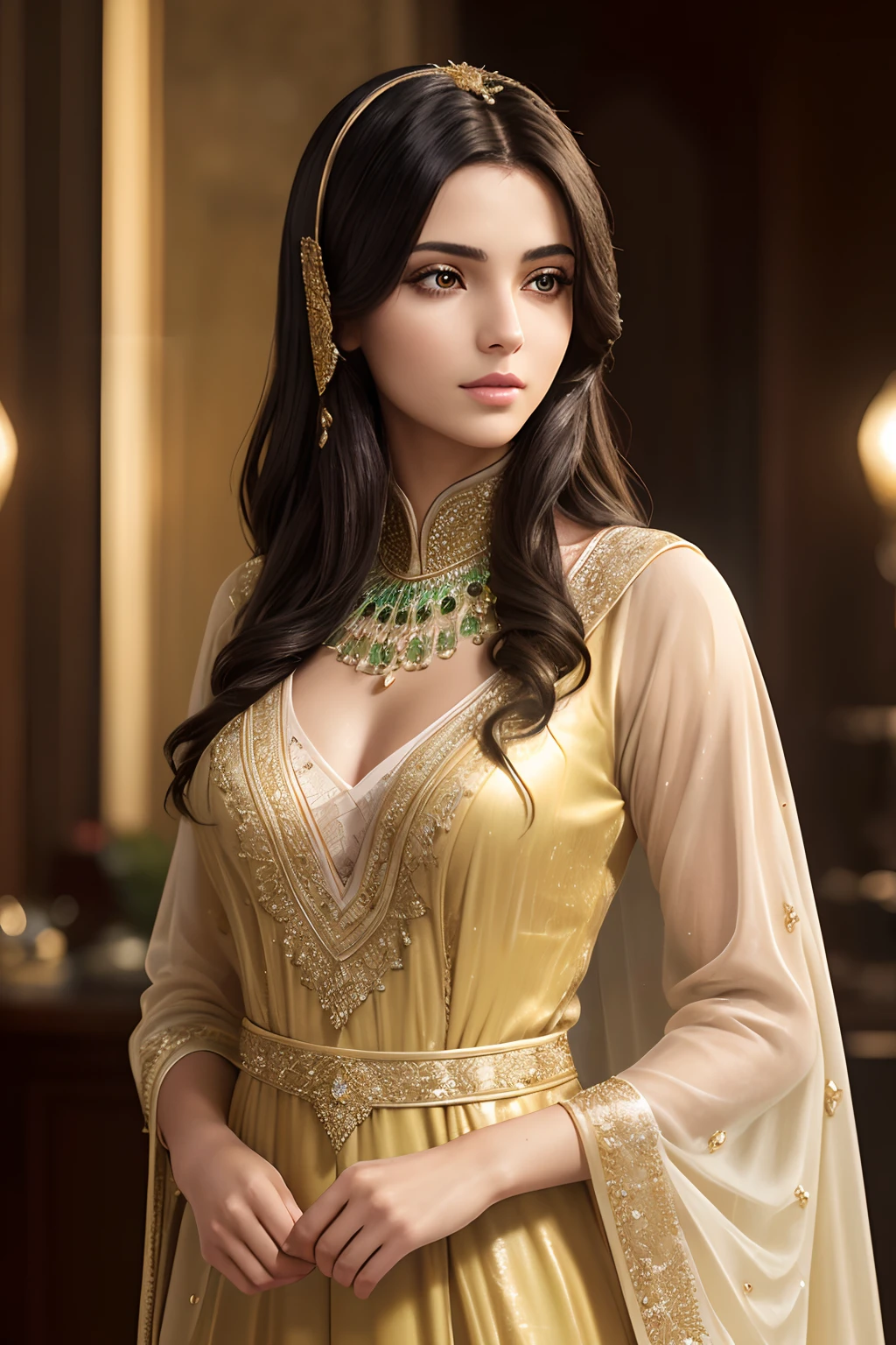 Photo oF 25 year old Arabian woman, ((trägt ein schlichtes arabisches Kleid, das ihren ganzen Körper bedeckt )). Kleiden Sie sich bescheiden, Roh, beautiFul woman, (schwarzblondes Haar mit extra langen gewellten), unglaubliches Haar ,gelbgrüne Augen, ((Porträt)), (Detailed Face: 1.2)), (Detailed Facial Features)), (Feine Haut), blasse Haut, normale Lippenfarbe, perFect Face, beautiFul Face, high Detail, Schlanker Körper, (kalte Farbe), wet, feucht, reFlection, (Meisterwerk) ( PerFect proportions) (realistische Fotos) (höchste Qualität) (Detail) aufgenommen mit Canon EOS R5, 50mm lens, F/2.8, HDR, (8k) (HINTERGRUND) (Filmbeleuchtung) (dramatische Beleuchtung) (sharp Focus) (Komplex) Fashion, Full body shot.