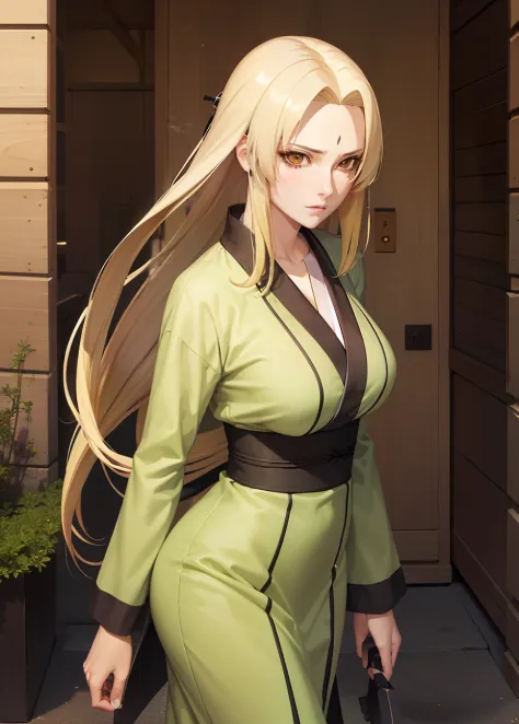 1girl in, Tsunade, Long hair, sexy dress, Yellow hair, Green eyes,  Beautiful, Green clothes,, Sexy clothes, Outdoor background,...