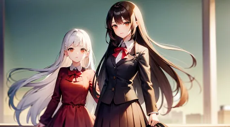 Girl with long brown hair and girl with white hair at school. red roses. astonishment. high school uniform
