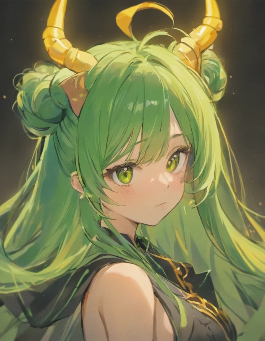 A close up of a woman with green hair and horns - SeaArt AI