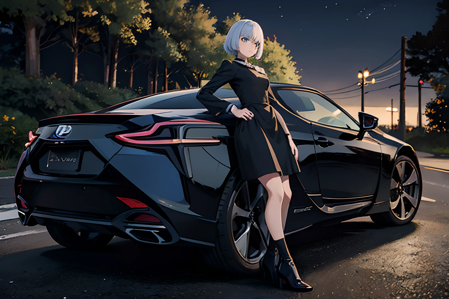 アニメの女の子, アニメの女の子 with short legs wearing a black dress, アニメの女の子 leaning on side of Lexus LC, レクサスLC, 女の子の詳細な顔, 街灯の下, 背景の自動販売機, 夜間, 背景の森, 森の中で, 木, 傑作, 最高品質