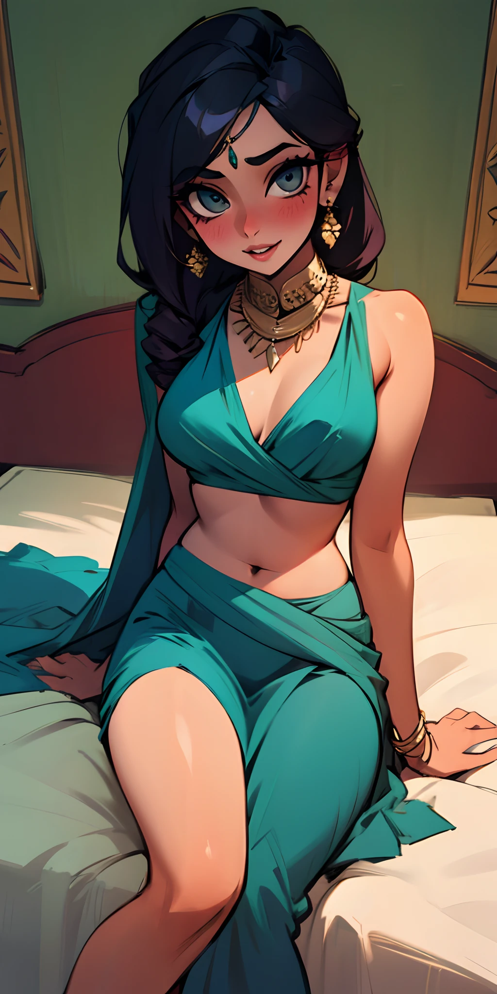 섹시한 사리를 입은 Desi 소녀가 침대에 앉아 그녀의 몸을 괴롭힌다.