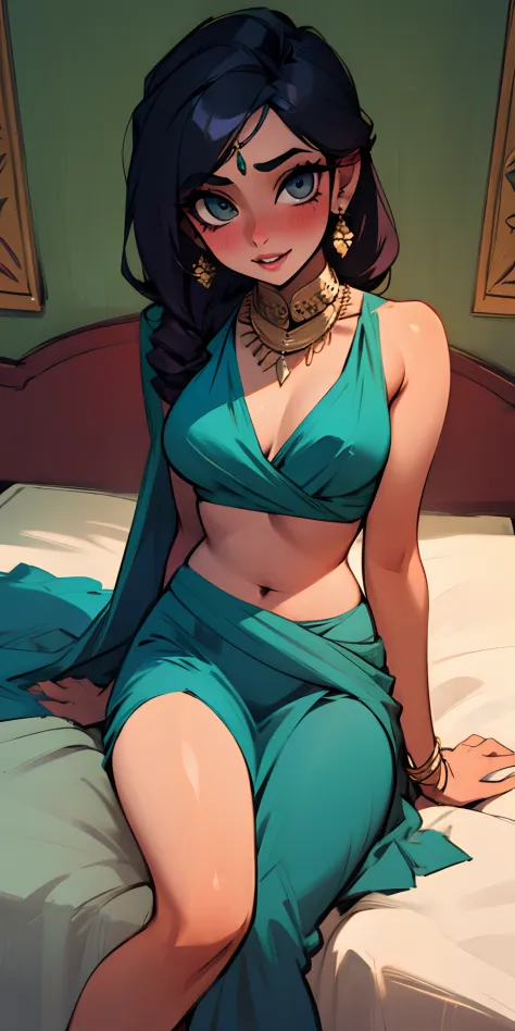 desi girl in sexy sari sitting on a bed teasing her body