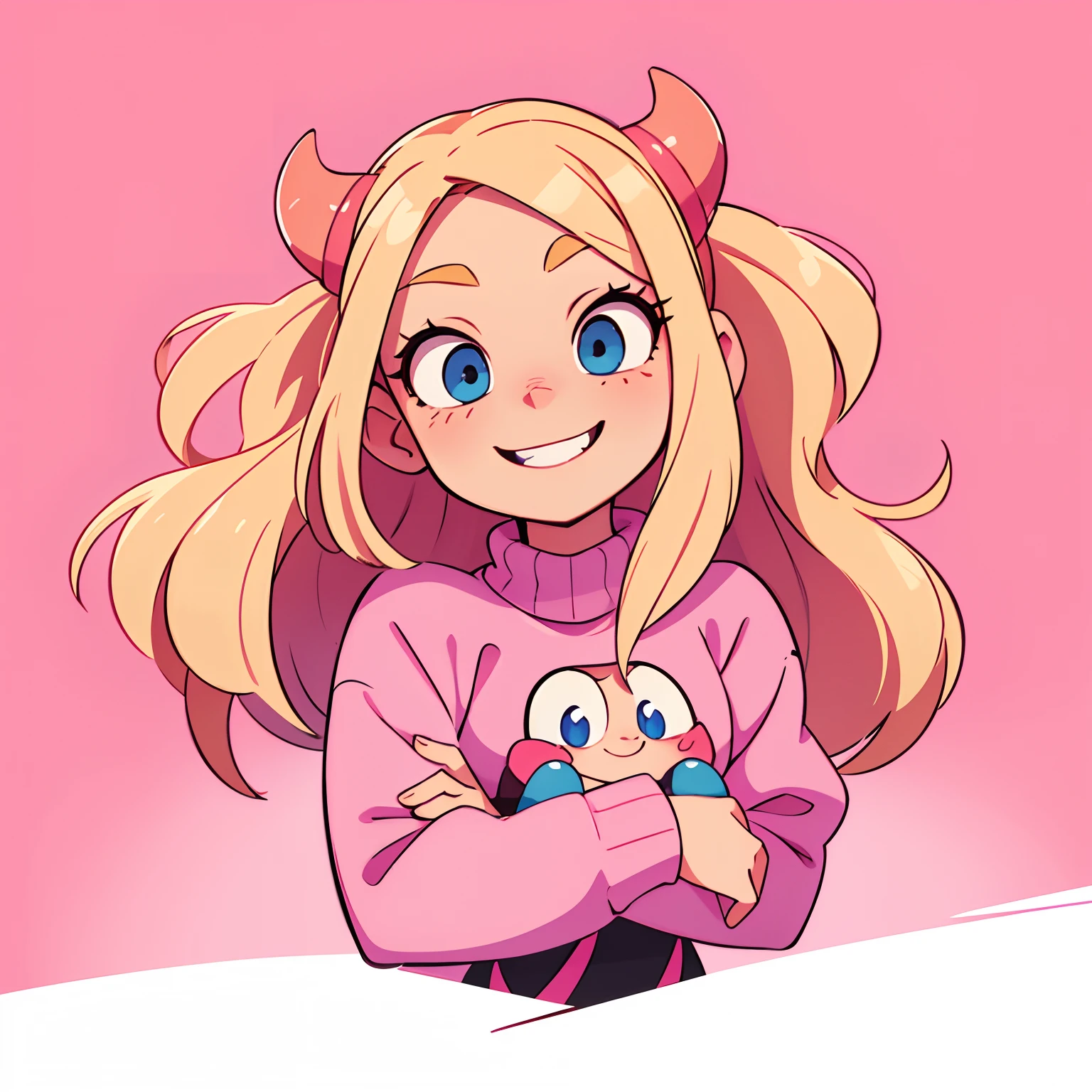 cartoon woman cute twitch emote, long blonde hair, pink highlights, blue eyes, pink oversized sweater over the shoulders, red horns with a mischievous smile