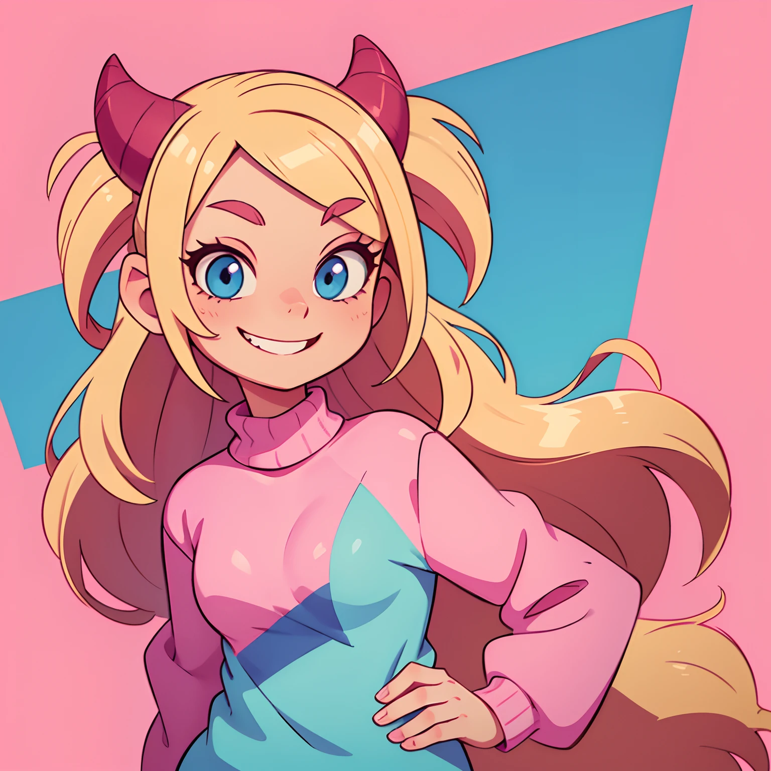 cartoon woman cute twitch emote, long blonde hair, pink highlights, blue eyes, pink oversized sweater over the shoulders, red horns with a mischievous smile