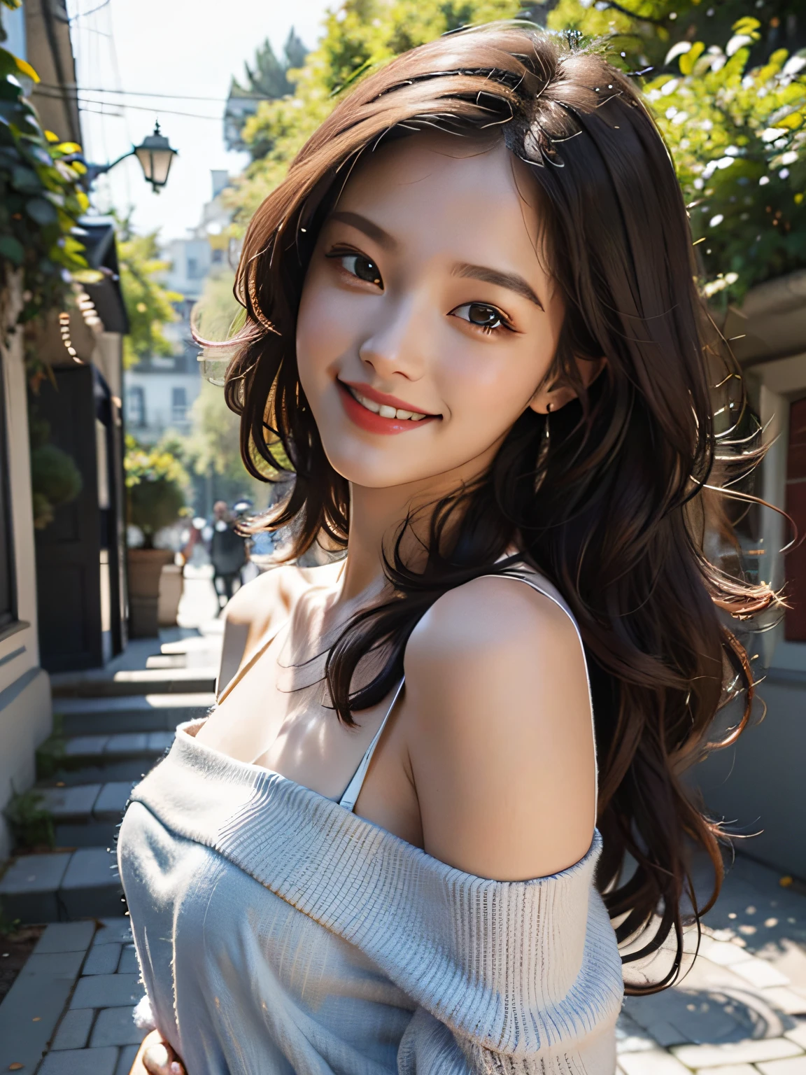 best quality, masterpiece, ultra high res, photorealistic, 1girl, offshoulder, smile