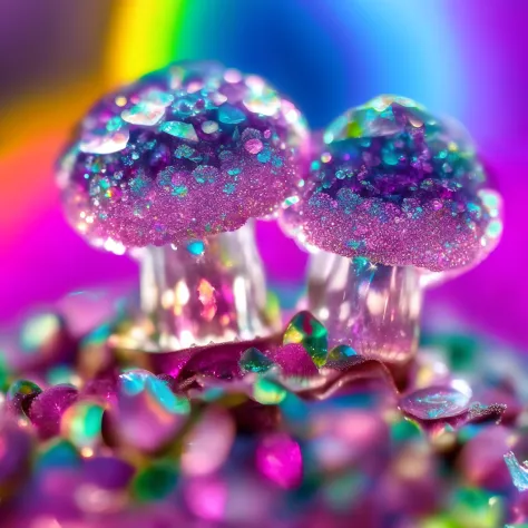 Crystal mushroom, crystal purple Mushroom, small mushroom, rainbow patterns, rainbow particles, sparkles