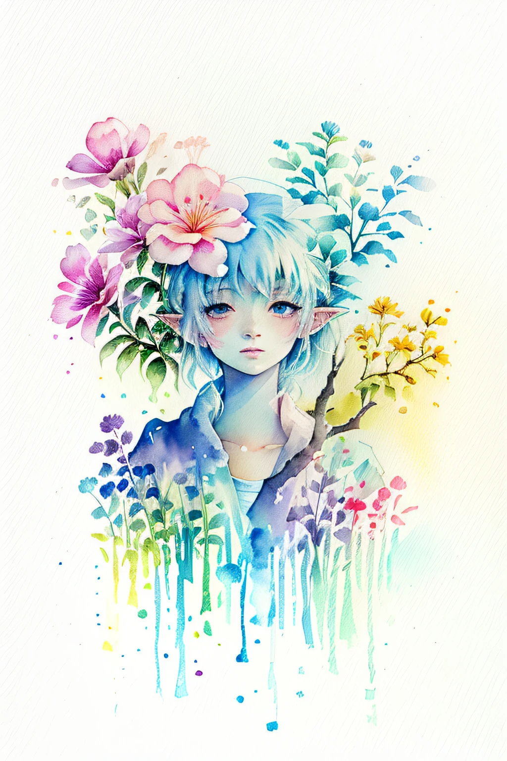 ( watercolor \(half\), drawing, IrisCompiet:1.2),paint, beautiful flower field.