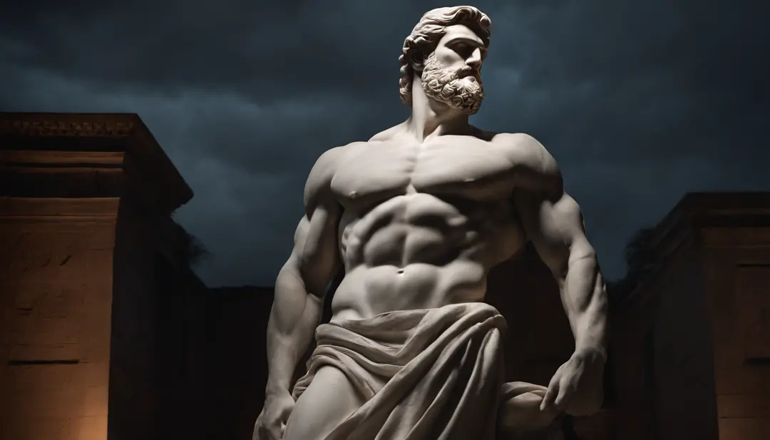 A white marble statue of a muscular, bearded man with a stern look in a darkened square at night, in the style of photographers Annie Leibovitz and Peter Lindbergh.
