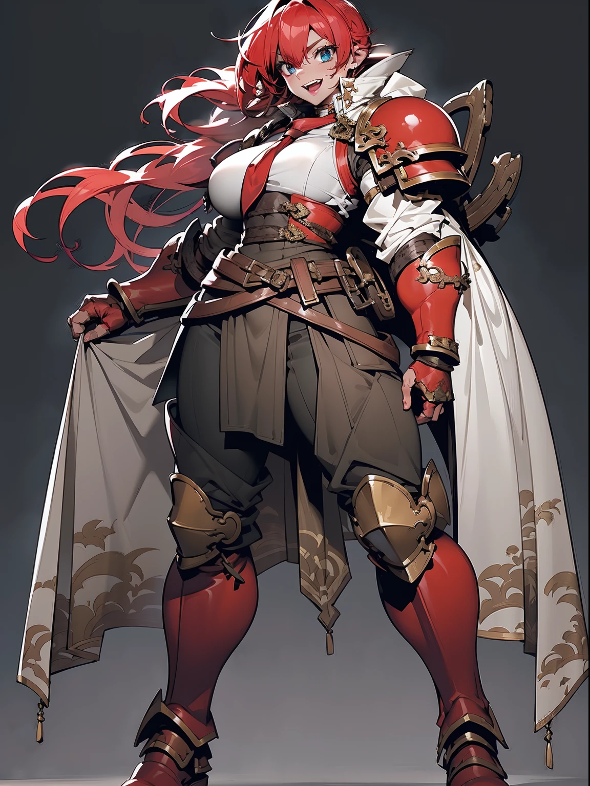 tomboy, warrior, berserker, tall female, muscular female, living hair, sauvage,, medieval clothing, fantasy, fantasy weapon, huge breasts, barbarian pants, , combat boots, armor, red hair, crazy smile, open mouth, biceps, necktie, thick arms,pullover, solo focus, long hair, , crazy smile, long hair, pants, noble cloths, noble clothing, french cloths, very long hair, BOOTS, full body, pink lips, hime cut