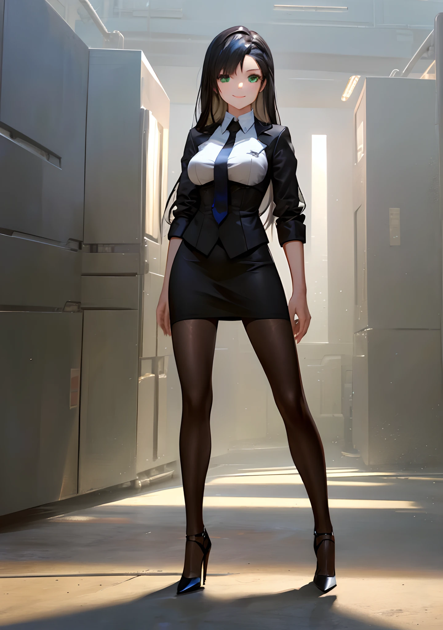 (Best quality, masterpiece:1.5), solo, standing, beautiful shot of a beautiful black haired android woman with shimmering green eyes, medium sized breasts, and detailed seams along her body, wearing a form fitting business suit and tie, pencil skirt, and matching high heels. She’s posing confidently, and has a warm smile on her face. The background shows she’s in a futuristic version of New York City, at night.