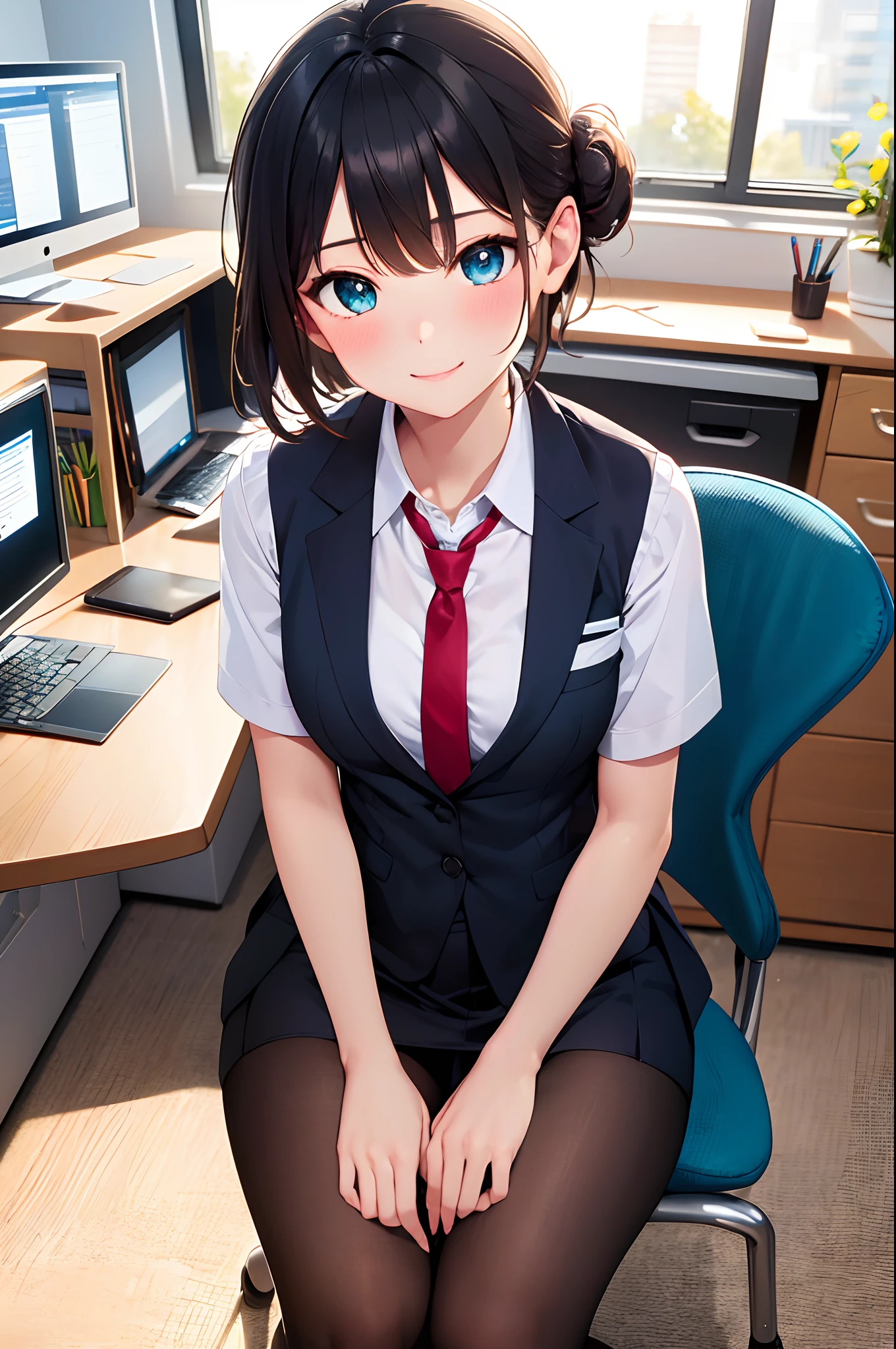 (RAW, best quality, masterpiece:1.5), (photo realistic, intricate details:1.2), ultra highres, absurdres,
1girl, beautiful face, blue eyes, green eyes, detalied eyes, symmetric eyes, light on face, nose blush, short hair, hair bun, black hair tie, 
clk, vest, suit, pencil miniskirt, white shirt, silk scarf, black pantyhose, [:20d, :0.8],
smile, small dimples, sexually suggestive, 
medium breasts, slim waist, slim legs, long legs,
sitting on chair in front of desk, perfect body, good proportions,
looking at viewer, 
(office, indoor, hyper detailed background:1.2), japan, copy machine, file cabinet, computer, monitor,
shiny skin, real skin texture, 
natural lighting, best lighting, detailed background, detailed shadow, sharp focus, depth of field f/2,
saturated, high contrast, strong light and shadow