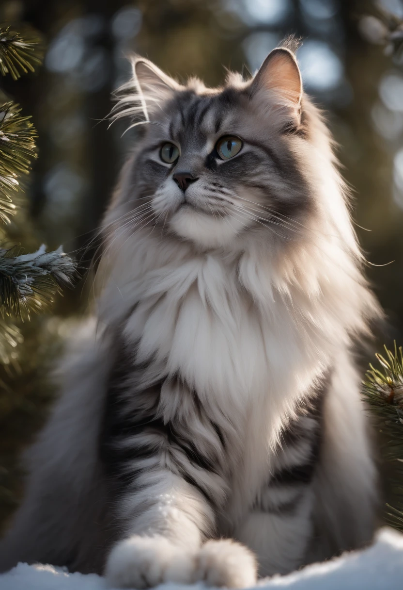 A Close Up Of A Cat Sitting In The Snow Near A Tree - Seaart Ai