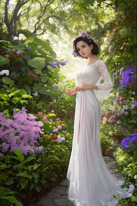 (best quality, 4k, ultra-detailed, realistic:1.37), a femboy confidently standing in a vibrant garden, wearing delicate and lacy...