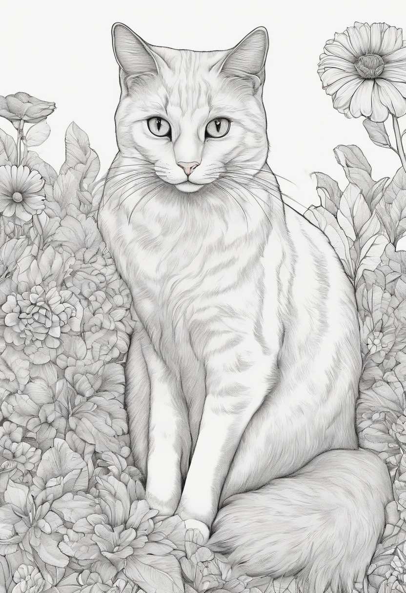 A close up of a cat sitting in a field of flowers - SeaArt AI