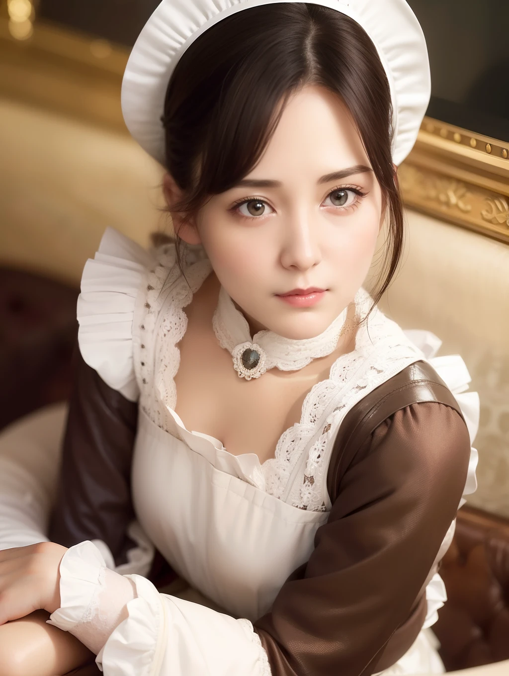 Best Quality, masutepiece, beautiful mature women、Beautiful face、Strong-minded woman、brown haired、(Brown-eyed)、Longhaire、Undersized eyes、(((Edwardian maid)))、Full body like、(((Hugging a bazooker)))