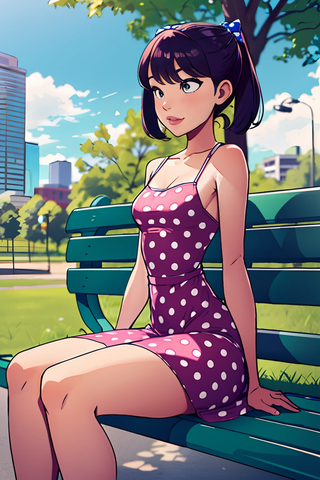 1女孩, 成熟的女人, 大腿粗壮, 小乳房,(波点背心裙), 坐在公园的长椅上