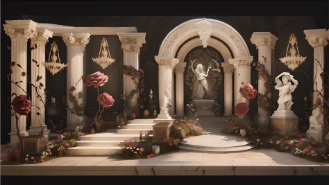 Stage close-up of statues and flowers, Rose flower，Flowers wrapped around stone pillars，baroque style painting backdrop, detailed set design, stunning arcanum backdrop, ornate backdrop, intricate wlop, Set design, Gorgeous and complex background, illusory ...