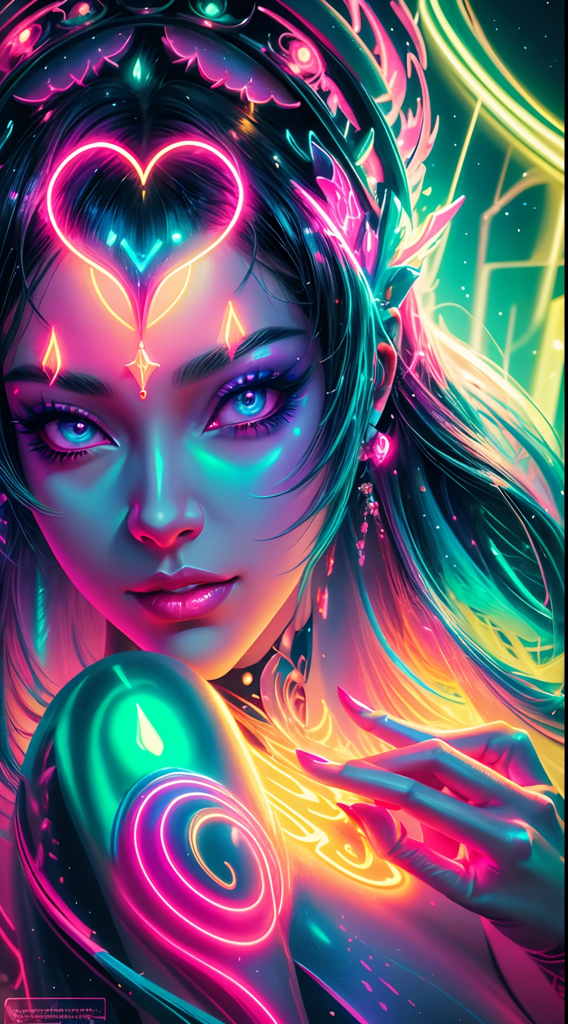 Eine Frau mit grellem Make-up und Stirnband, farbenfrohe digitale Fantasy-Kunst, Rossdraw lebendiger Cartoon, leuchtende Neonhaut, Porträt von Glowwave, lebendiger Fantasy-Stil, lebendige digitale Malerei, farbenfrohe Konzeptkunst, buntes Leuchten, bela arte digital, bunte digitale Malerei, atemberaubende digitale Illustration, wunderschöne digitale Kunst, Neonlicht und Fantasie, satte, leuchtende Farben, Pferd | Afrofuturismus