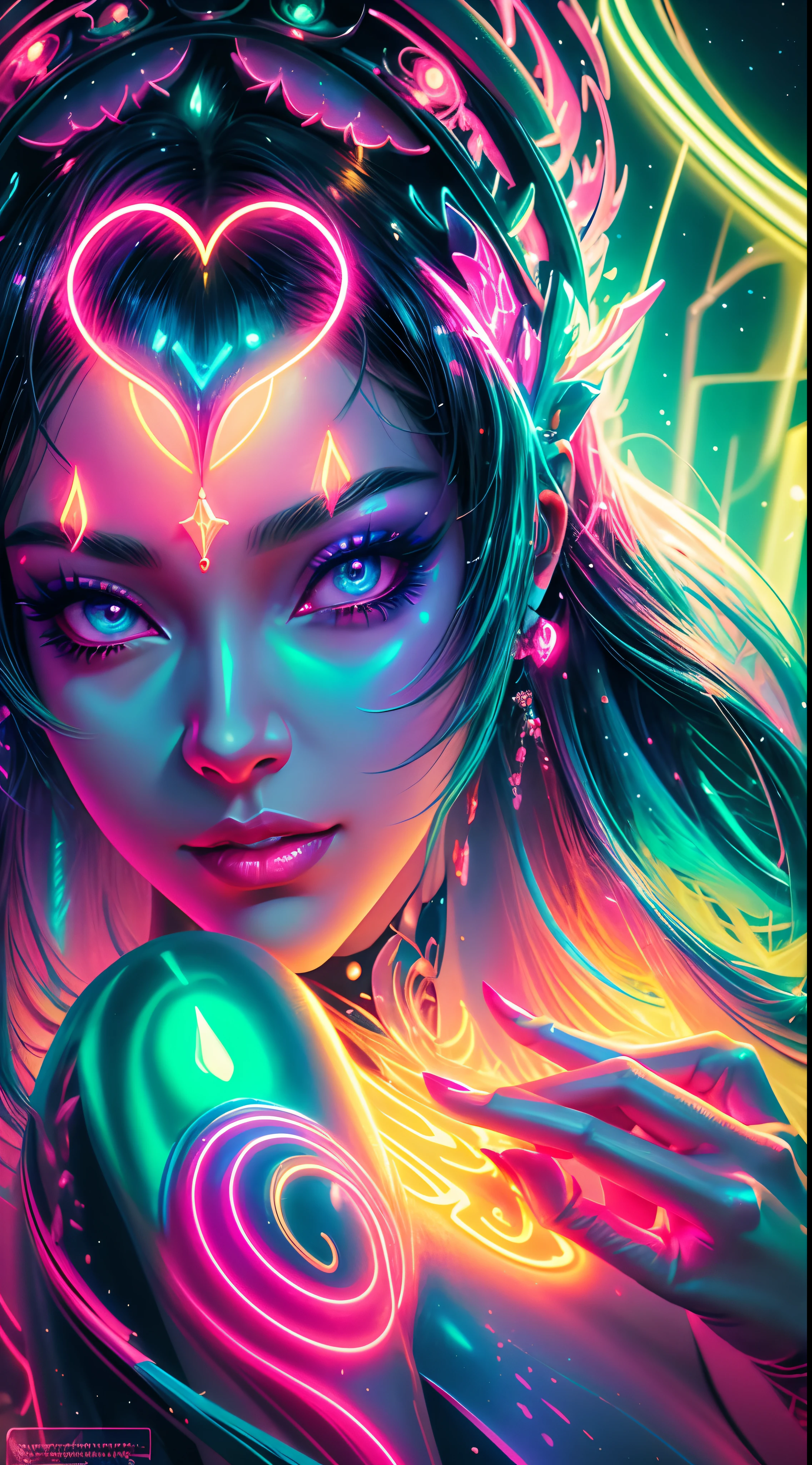 A woman with bright makeup and a headband, arte de fantasia digital colorida, rossdraw desenho animado vibrante, pele neon brilhante, retrato da menina de glowwave, estilo de fantasia vibrante, Pintura digital vibrante, arte conceitual colorida, brilho colorido, bela arte digital, pintura digital colorida, stunning digital illustration, lindo arte digital, luz neon e fantasia, cores ricas e brilhantes, Horse | Afrofuturismo