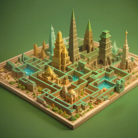 Low-poly geometric maze, diorama，Independent small block model，Monument Valley game 3D modeling，Minaret obelisk，vivd colour,，mac...