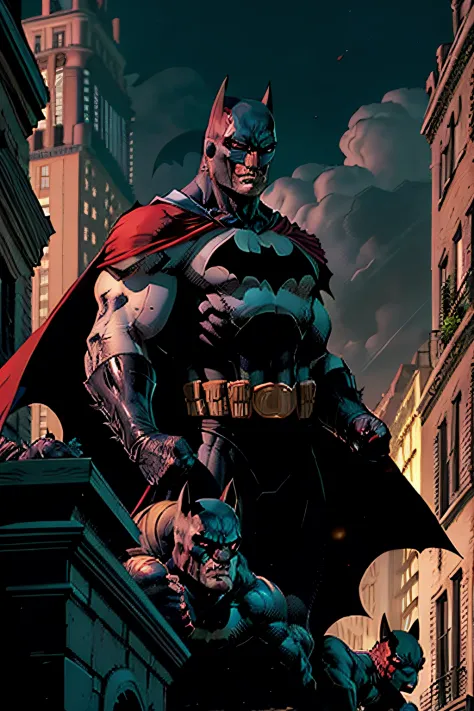 Batman stands on the terrace of the Gotham City Police Station building next to a Gargoyle made of concrete that makes the terra...